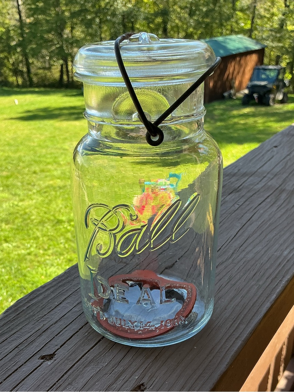 Vintage 1920s Clear Ball Ideal Jar with Glass Lid & Wire Bail, Mold #2